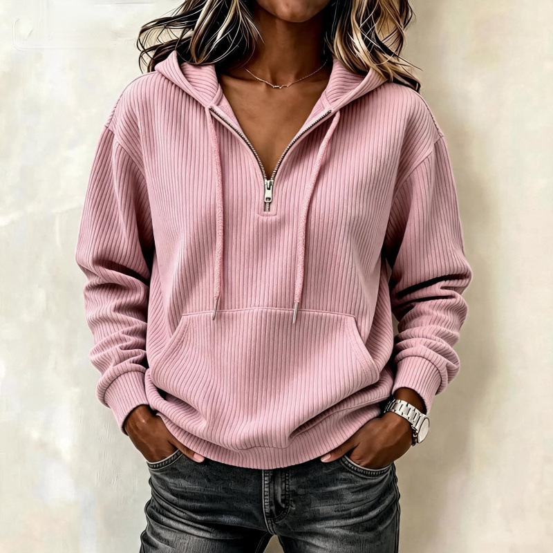 Women's Corduroy Striped Zip-Up Hoodie Retro Casual Long Sleeve