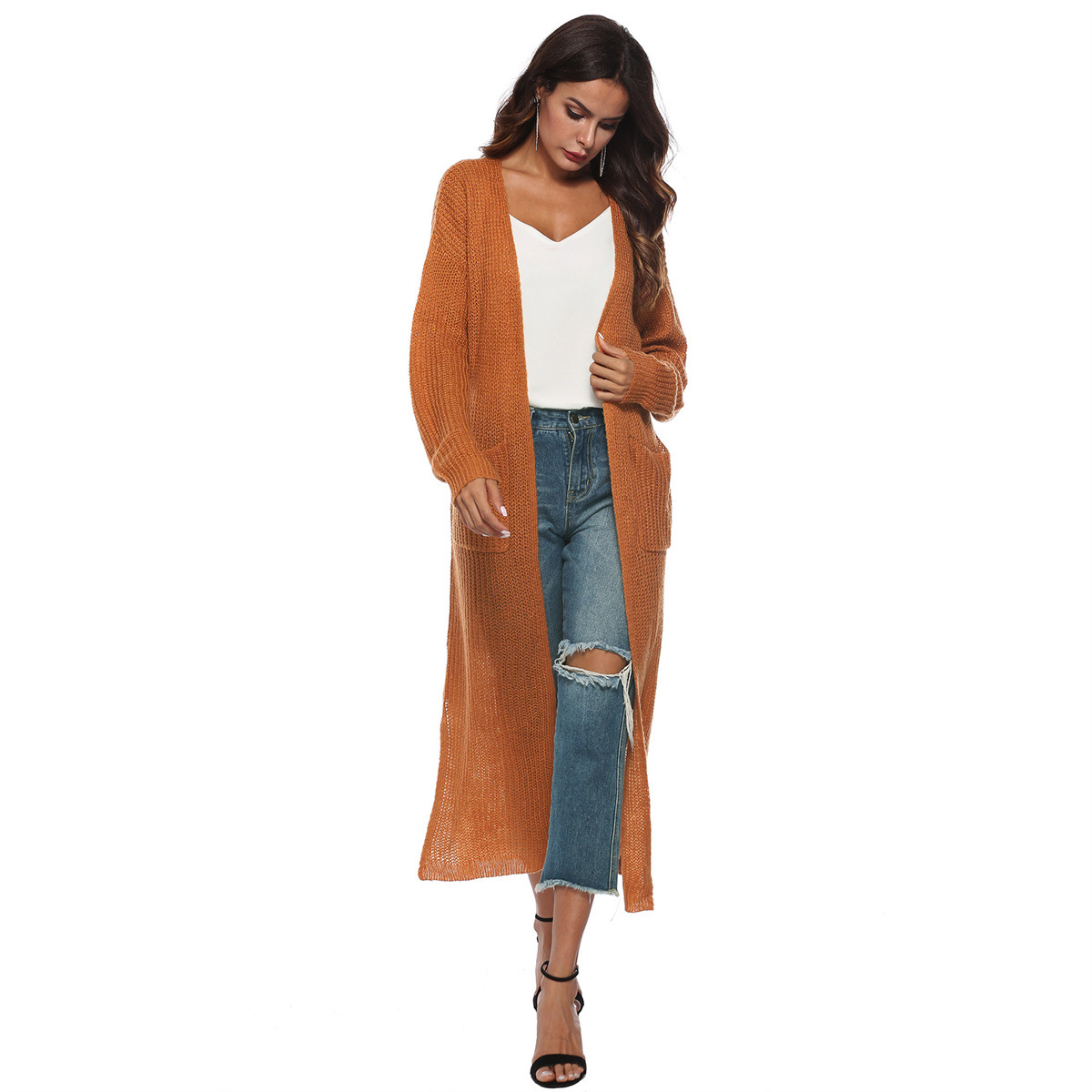 Mohair Cardigan Women's Long Open Front Split Pocket Sweater Coat