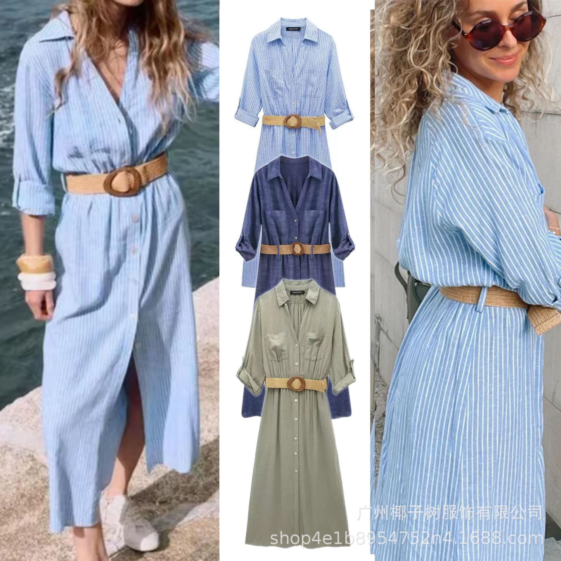 Women's Belted Shirt Dress with Pleated A-Line Skirt