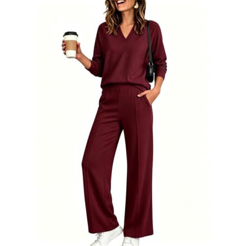 Women's Two-Piece V-Neck Shirt and Wide-Leg Pants Lounge Set