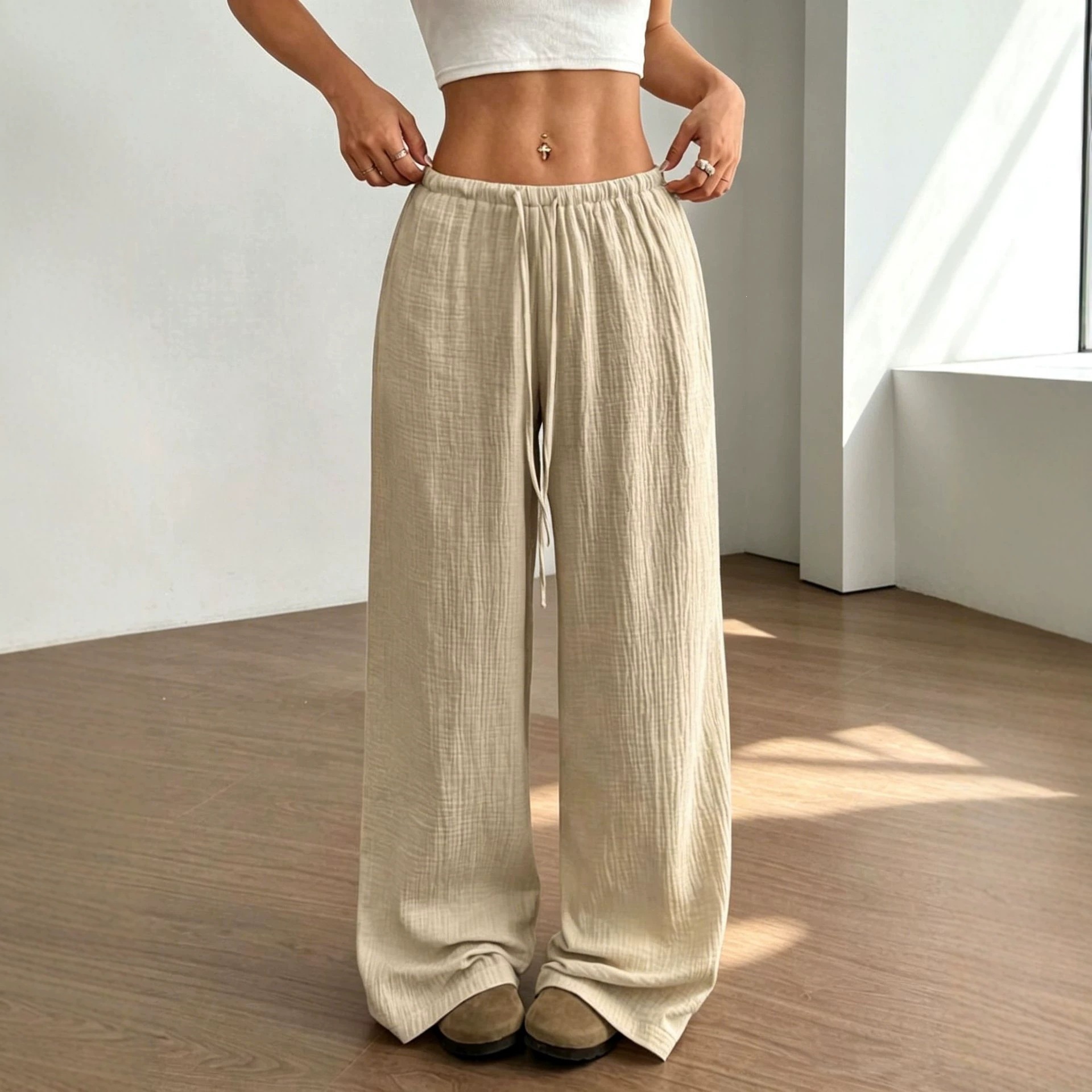 Women's High-Waist Wide-Leg Pants with Drawstring, Solid Color, Polyester Blend