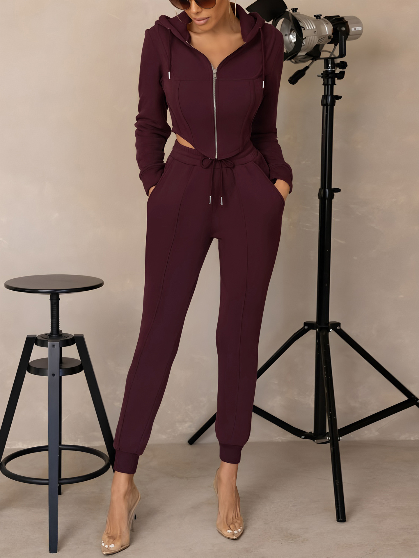 Women's Hooded Zip-Up Cropped Sweatshirt & Jogger Set