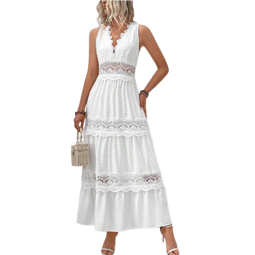 VCAY Women's Lace Panel V-Neck Sleeveless A-Line Maxi Dress