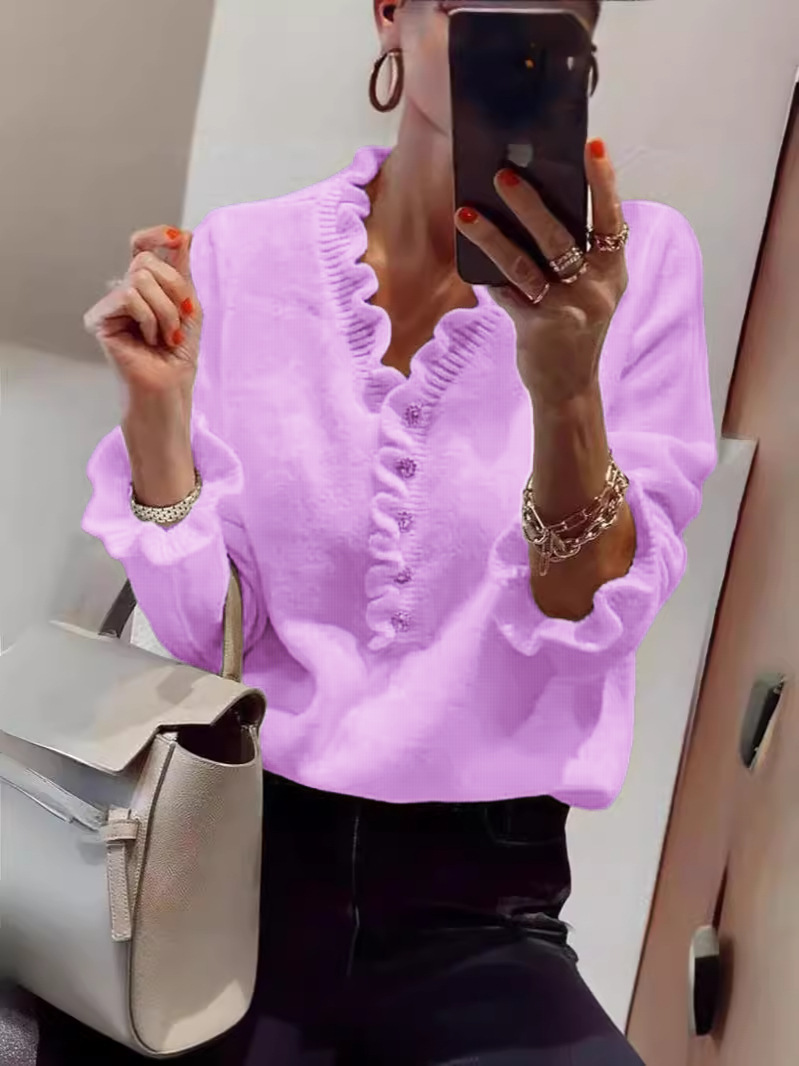 Women's Long Sleeve Ruffle Knit Top V-Neck Beaded