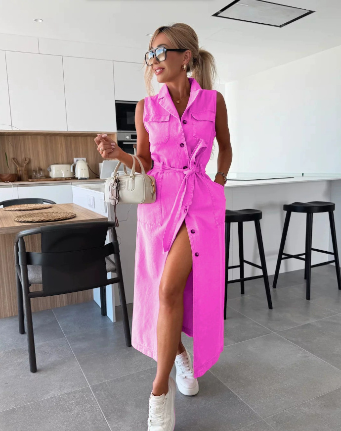 Sleeveless Long Belted Single-Breasted Denim Dress