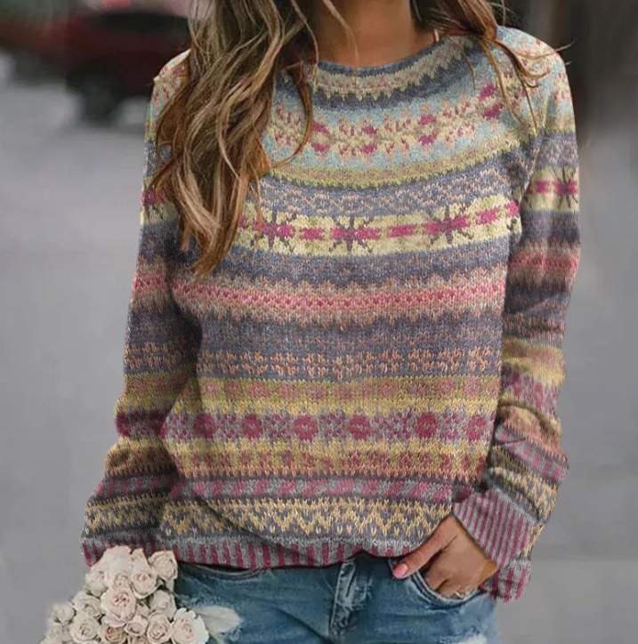 3D Print Women's Sweater Crewneck Pullover Casual Loose Long Sleeve Knit Top