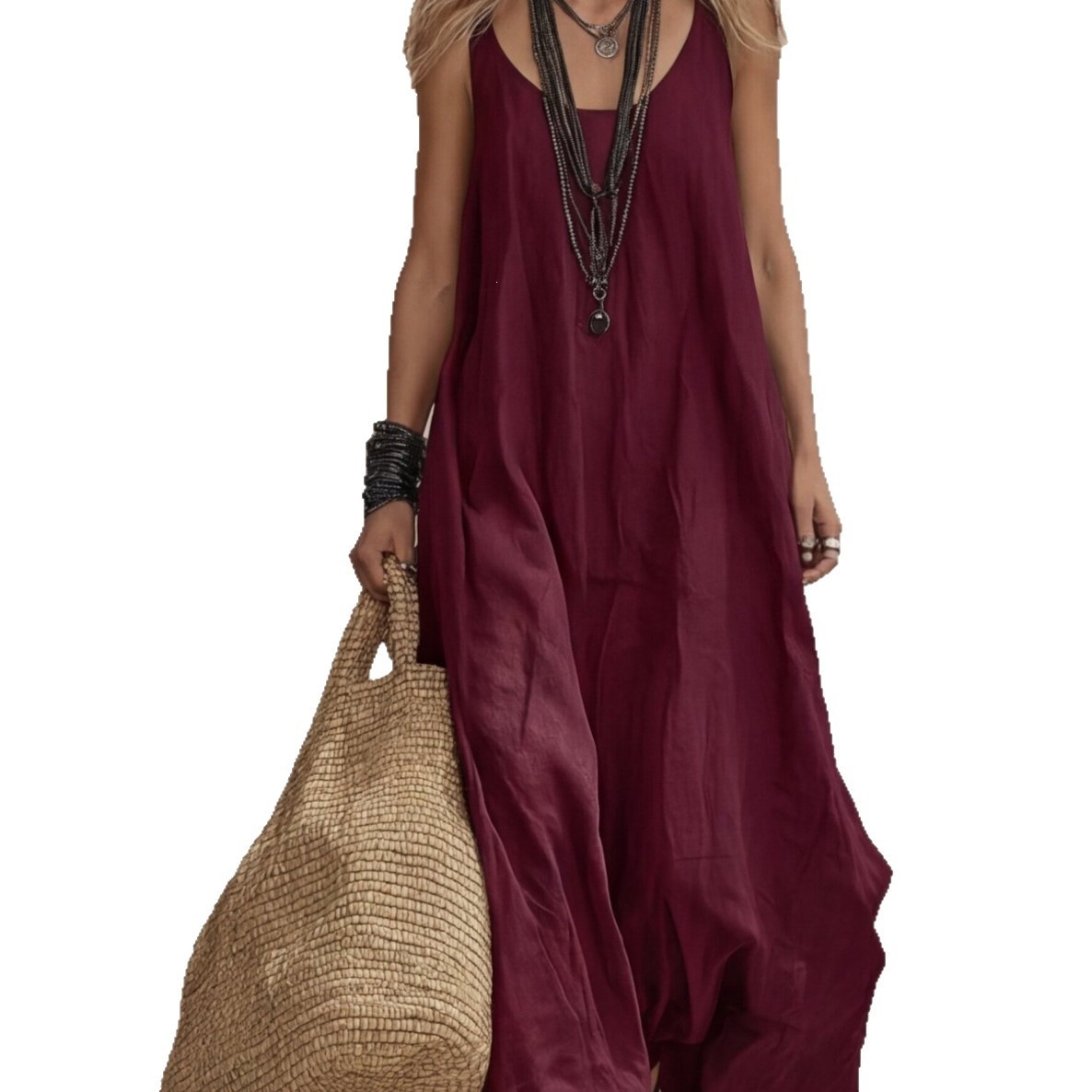Women's Sleeveless Boho A-Line Maxi Dress Loose Fit