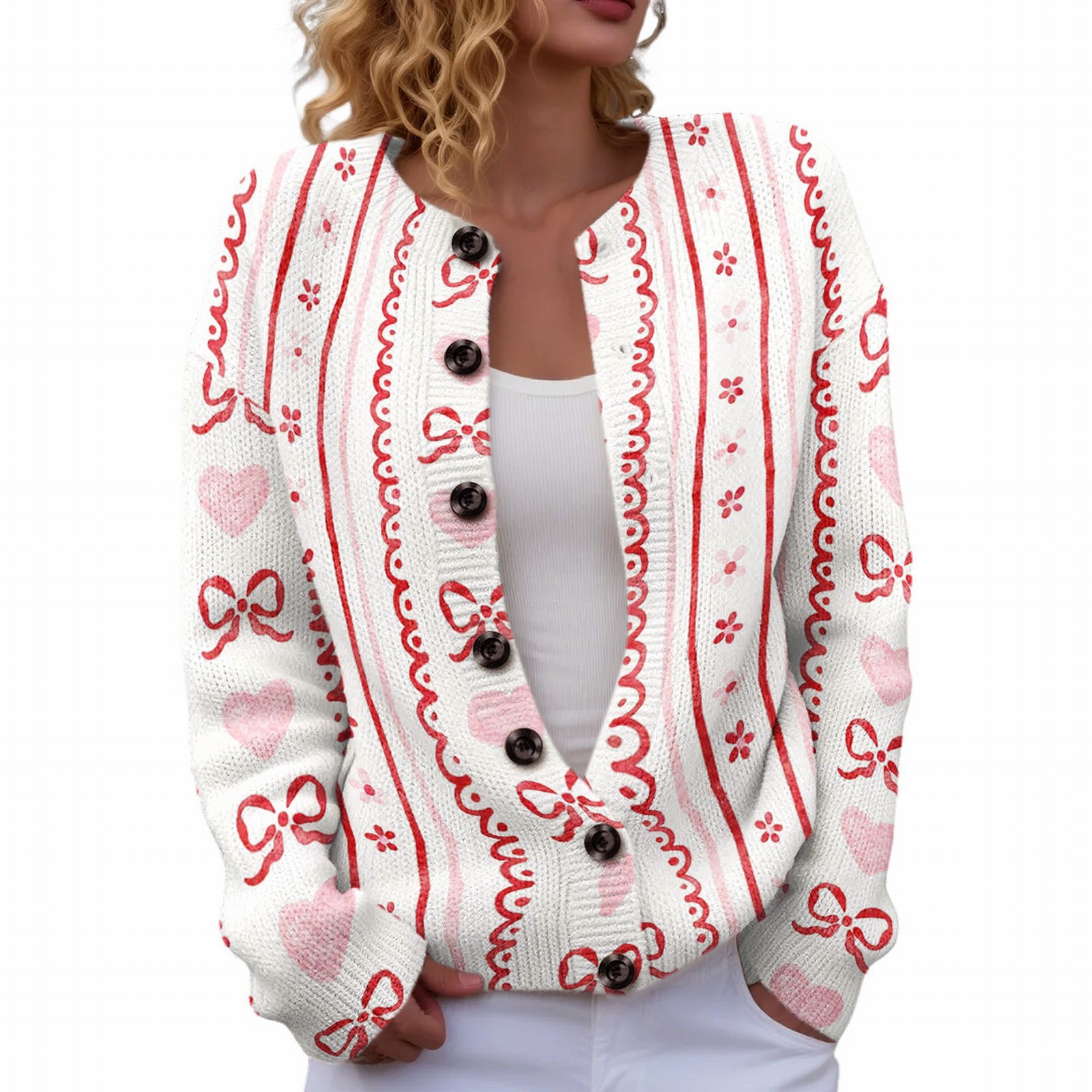 Women's Heart Ribbon Bow Cherry Print Cardigan