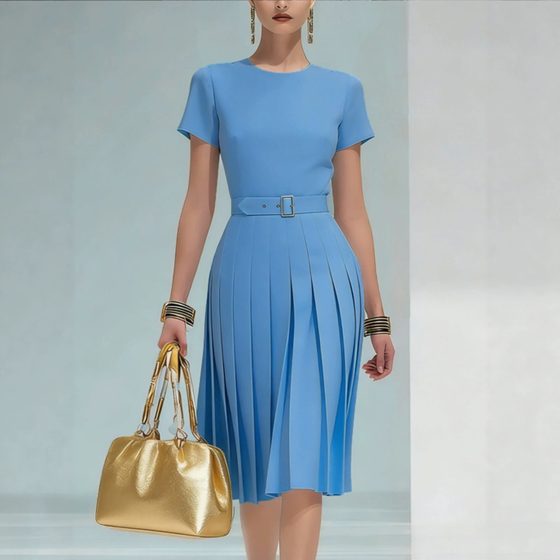 Women's Pleated Round Neck Midi Dress with Belt Solid Color