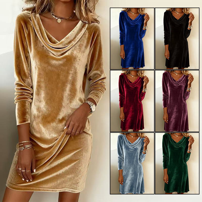 Women's Velvet Midi Dress with Draped Neck Slimming Elegant Long Sleeve