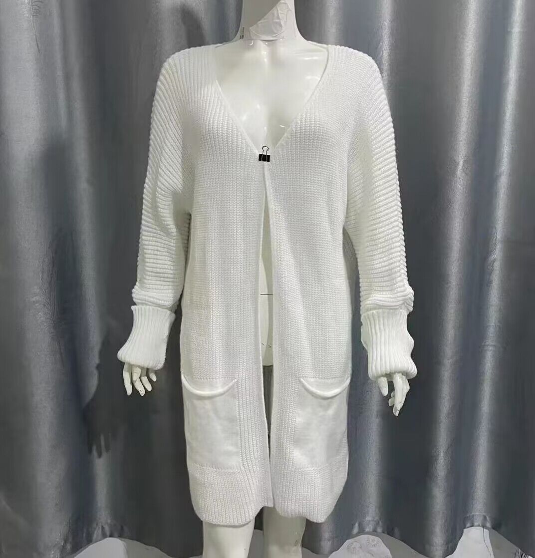 Solid Color Loose Knit Cardigan with Batwing Sleeves, Mid-Length