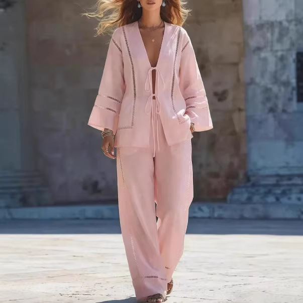 Women's Open-Front Tie Hollow-Out Two-Piece Pant Set