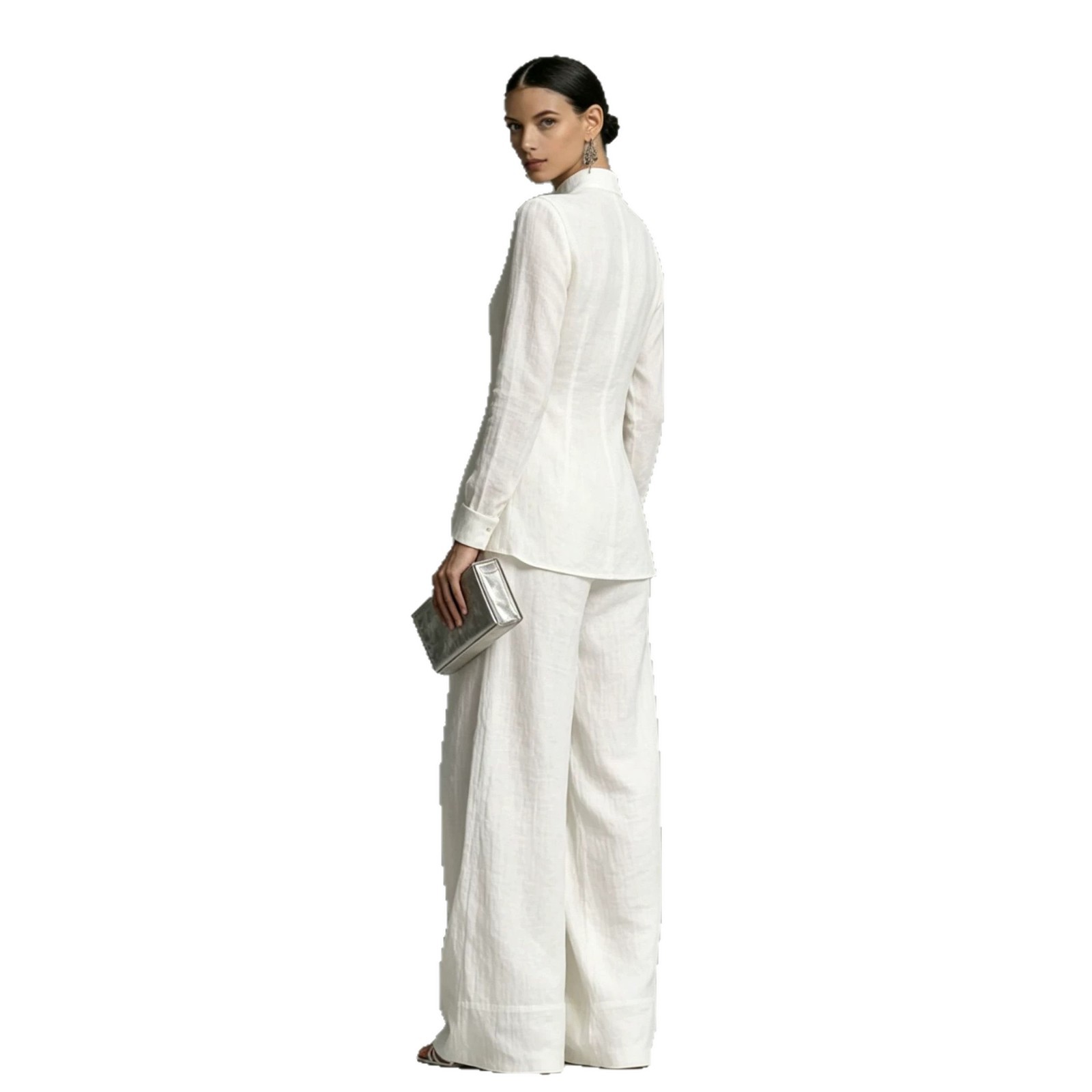 Women's French Stand Collar Long Sleeve Fitted Shirt and Wide Leg Pants Set Minimalist Two-Piece