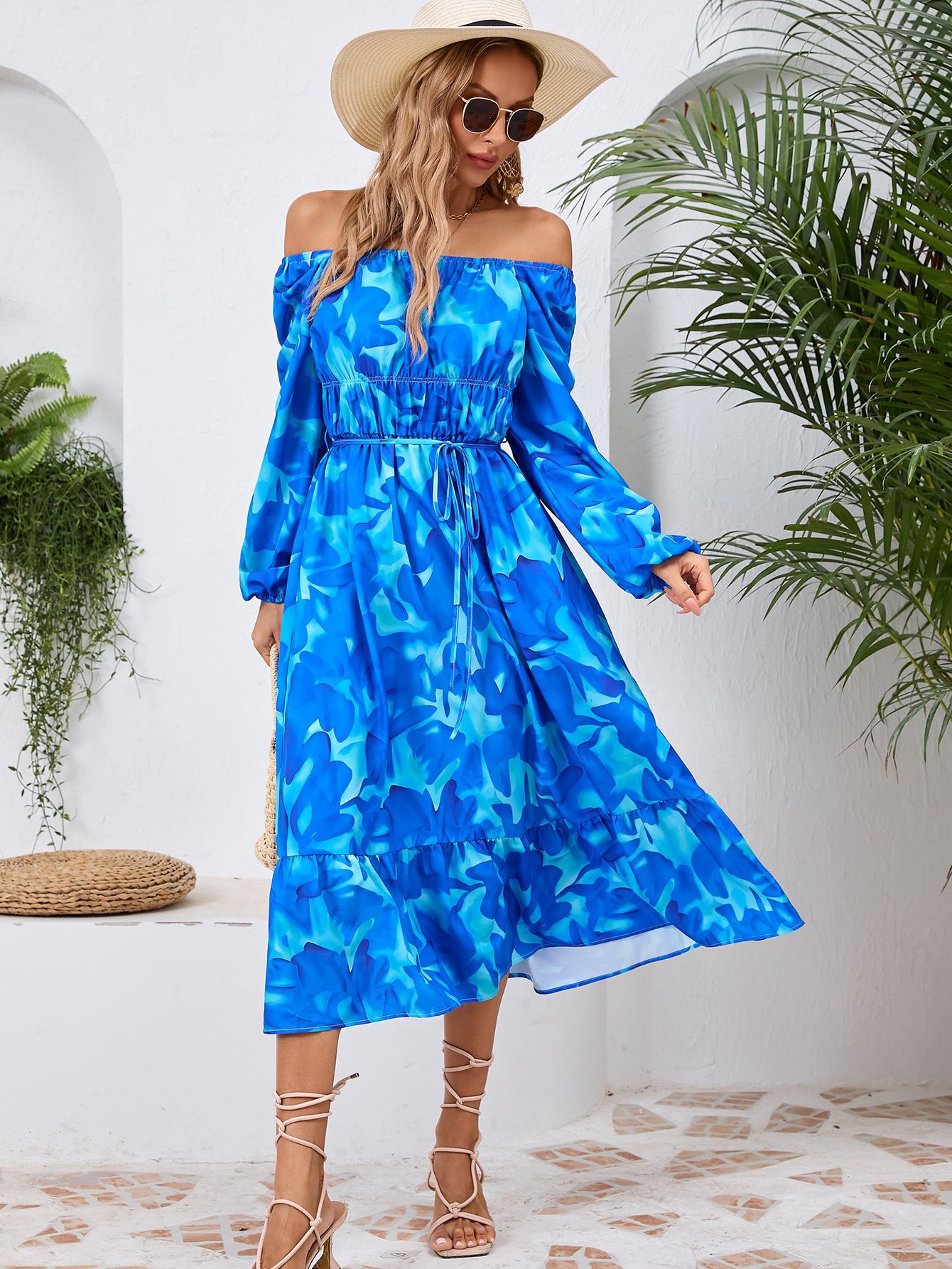V-Neck Lantern Sleeve Floral Print Midi Dress