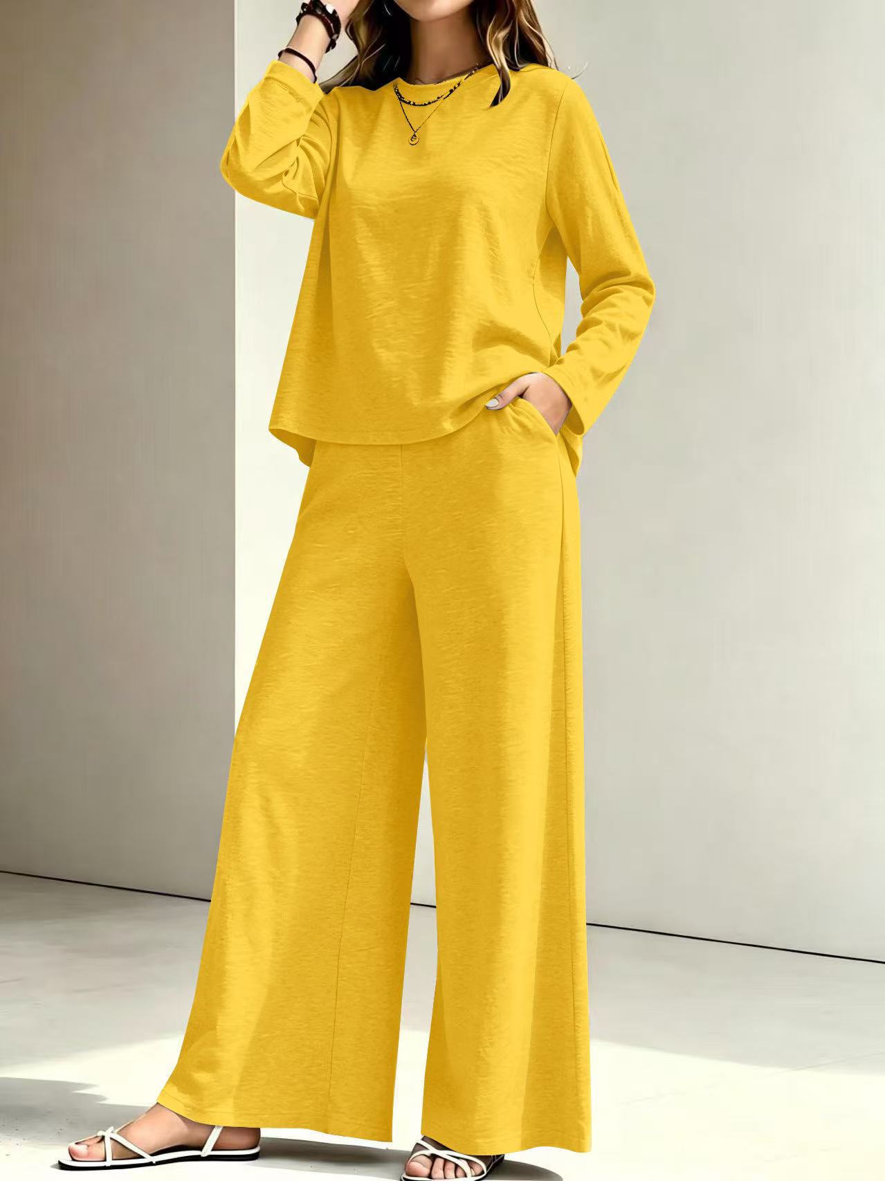 Women's Two-Piece Set Crewneck Long-Sleeve Top & Wide-Leg Pants Solid Color Casual