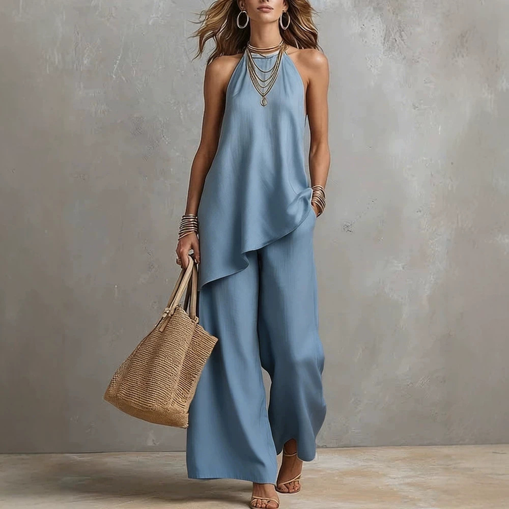 Women's Casual Round Neck Tank Top and Long Pants Set Multi-Color