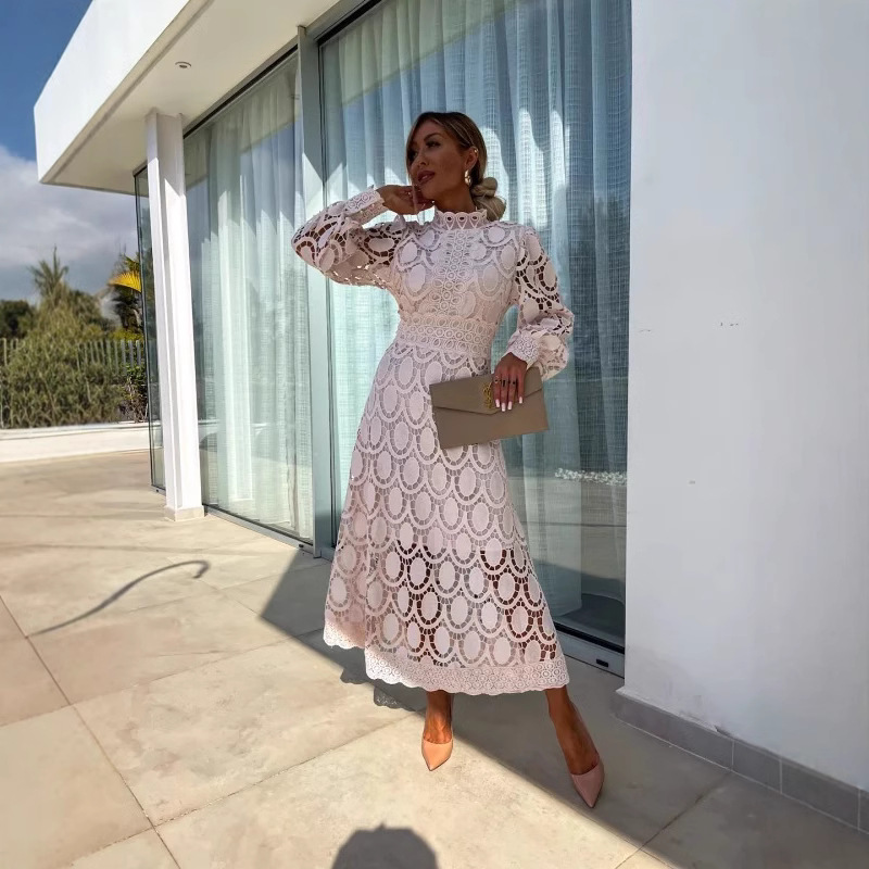 Sexy Cutout Long Sleeve Stand Collar Lace Trim Maxi Dress