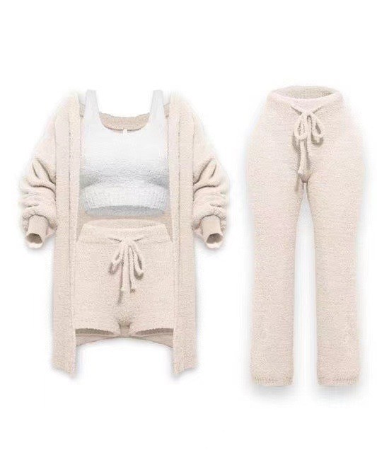 Knit Plush Long-Sleeve Cardigan, Vest & Shorts 4-Piece and 3-Piece Set