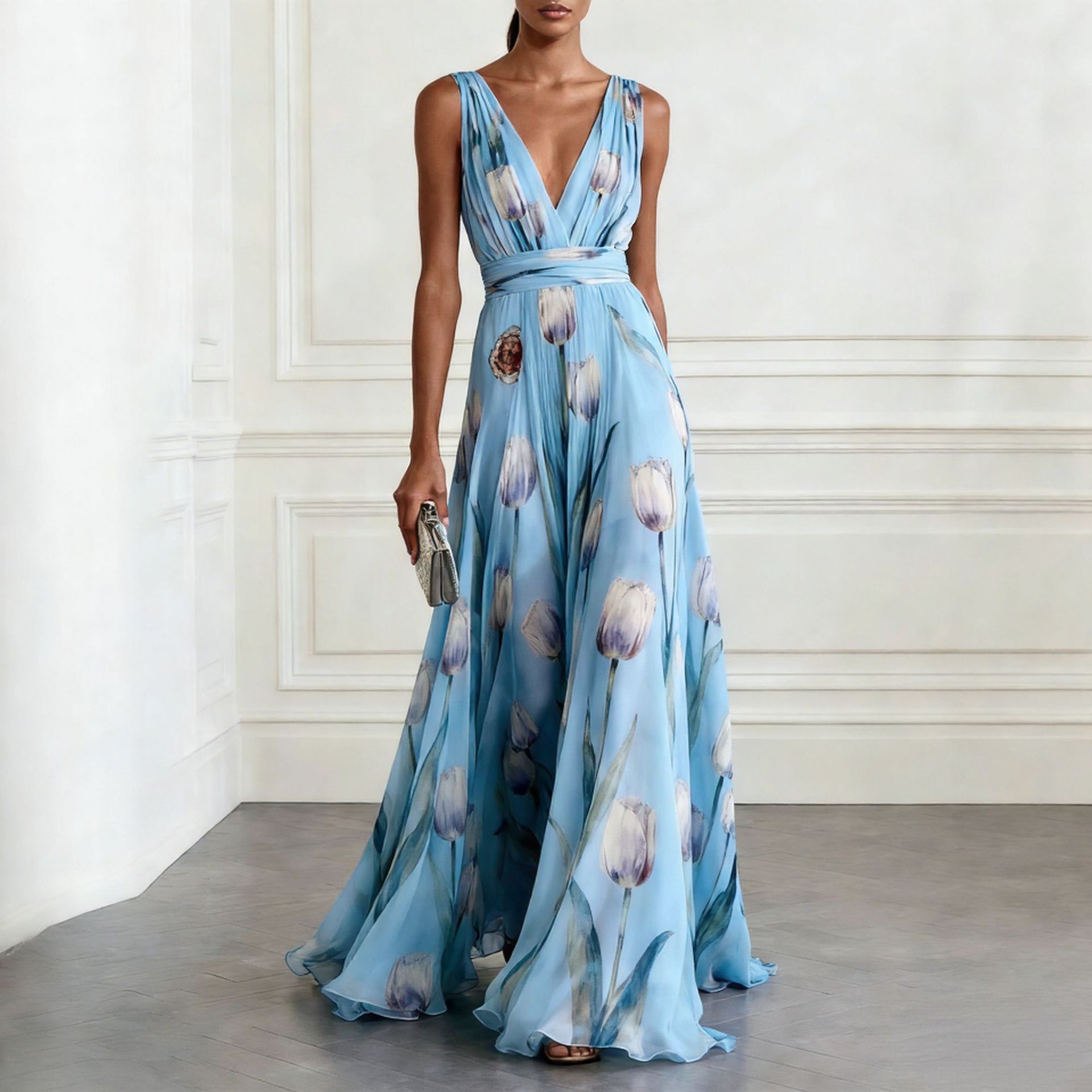 Tulip Print Sleeveless V-Neck A-Line Maxi Dress