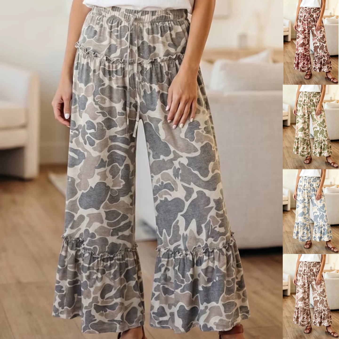 Women's Retro Camo Print Wide-Leg Pants with Elastic Drawstring Waist and Ruffle Trim