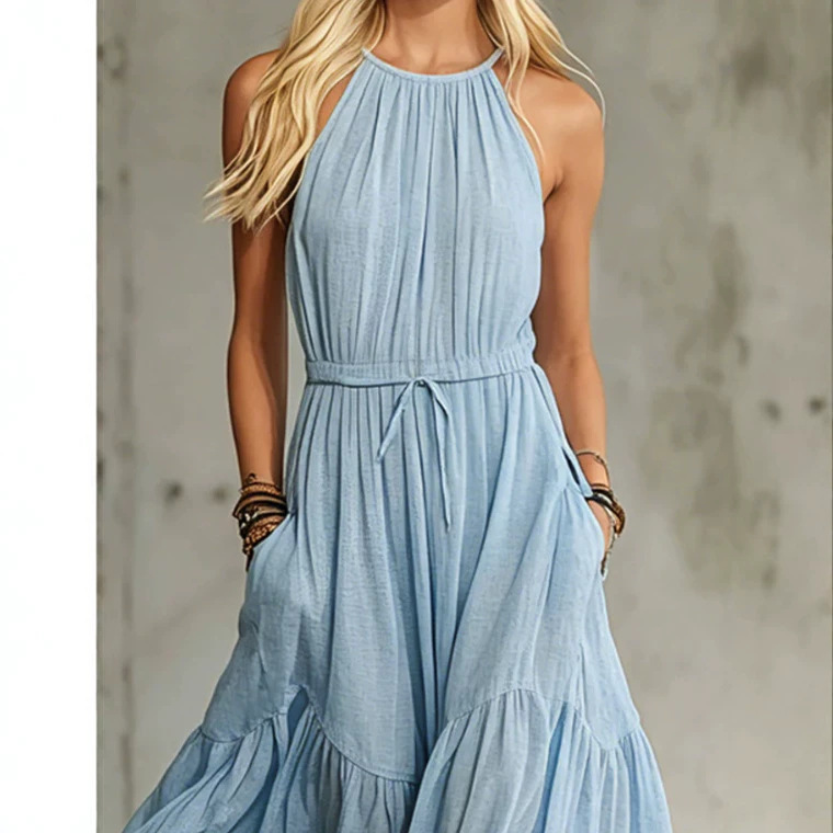Blue Sleeveless Cotton-Linen Maxi Dress