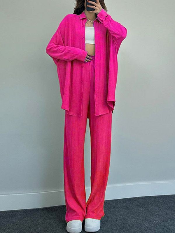 Women's Loose Stretch Crinkle Long Sleeve Shirt & Wide Leg Pants Casual 2-Piece Set