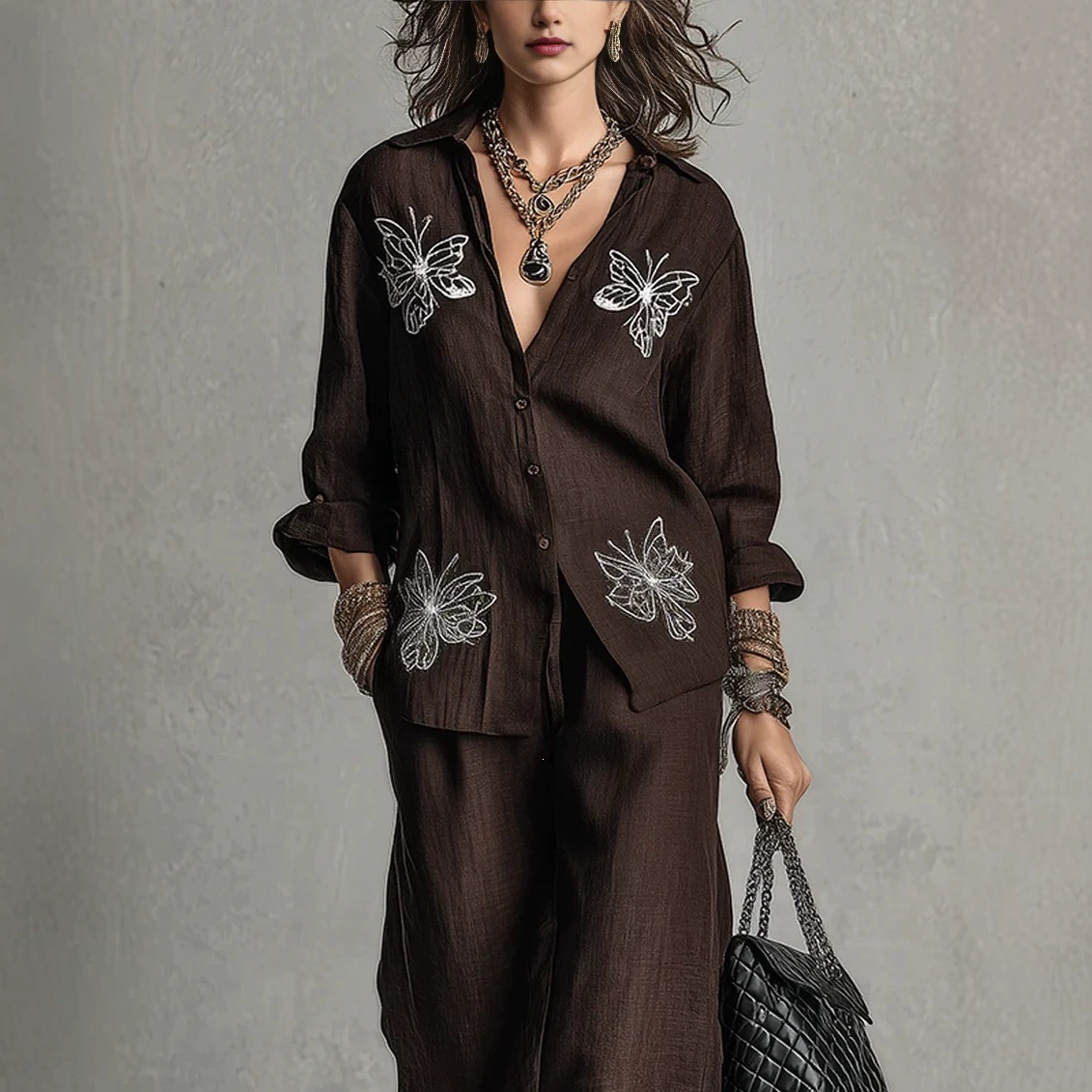 Women's Butterfly Embroidered Shirt & Wide-Leg Pants Two-Piece Set