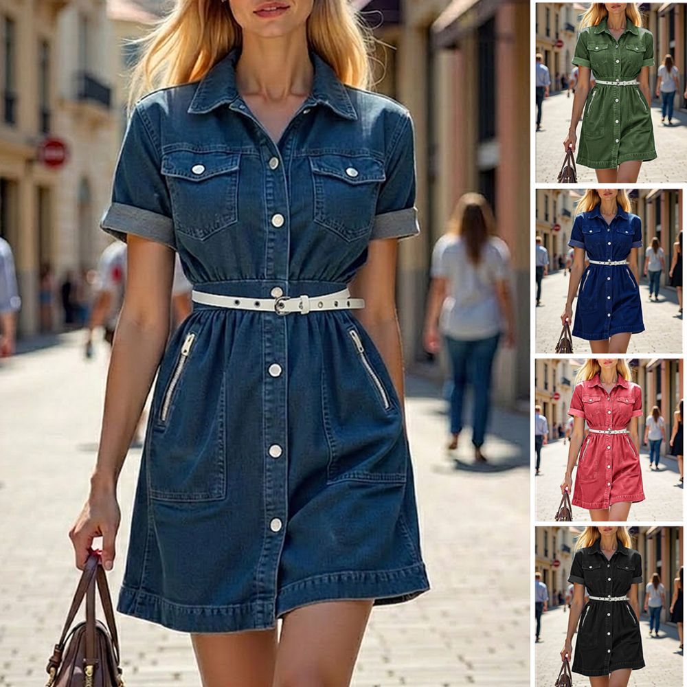 Women's Denim Midi A-Line Dress with Short Sleeves and Shirt Collar