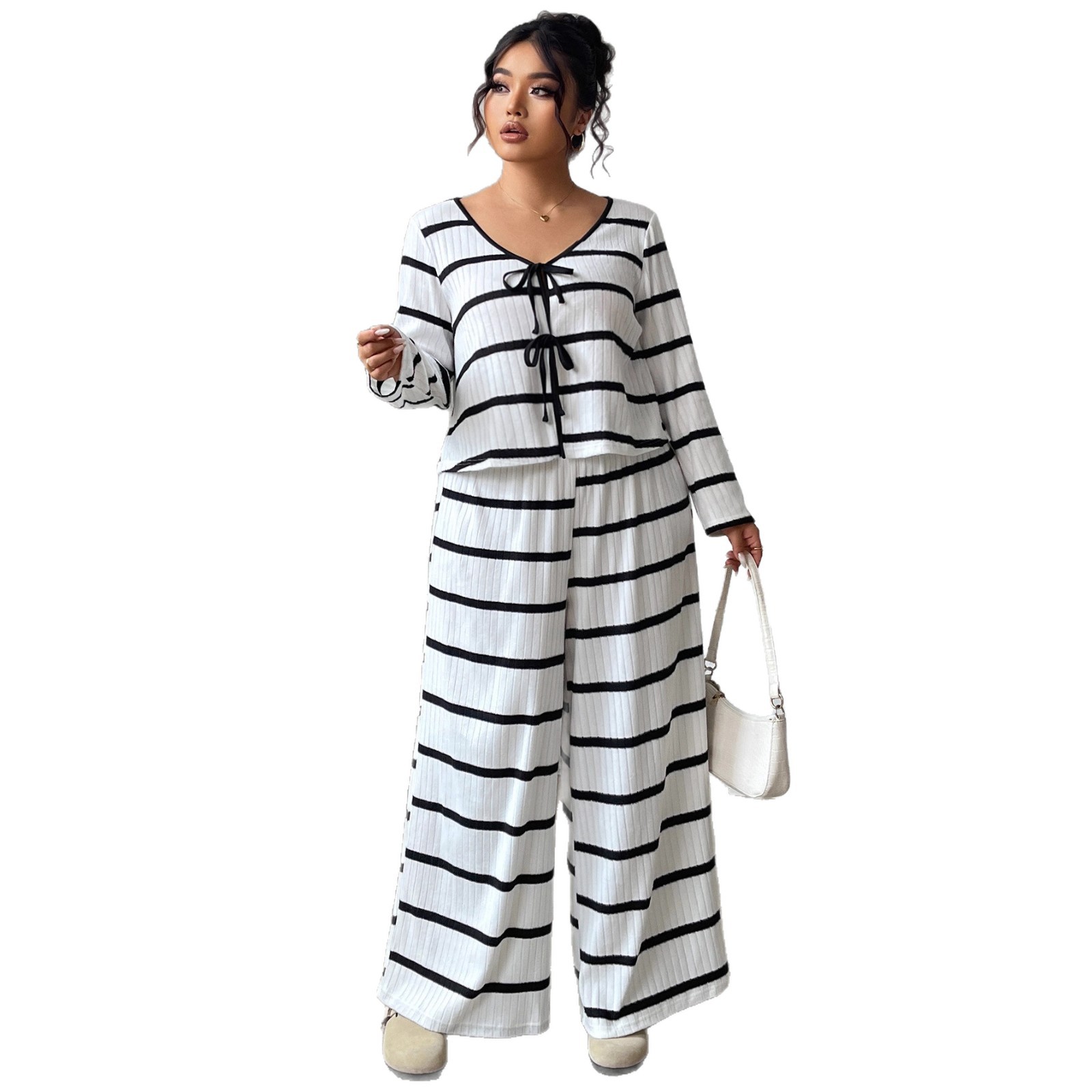 Striped Tie-Front Long-Sleeve Top and Wide-Leg Pants Set