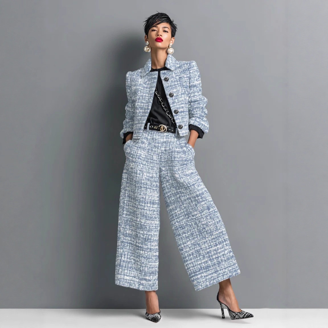Women's Fitted Lapel Jacket and Wide-Leg Pants Set