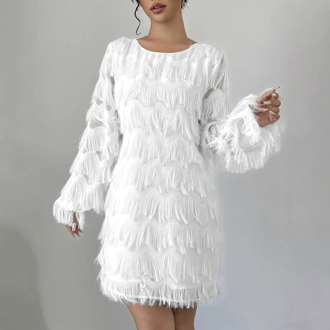 Elegant White Long Sleeve A-Line Party Dress with Lantern Sleeves
