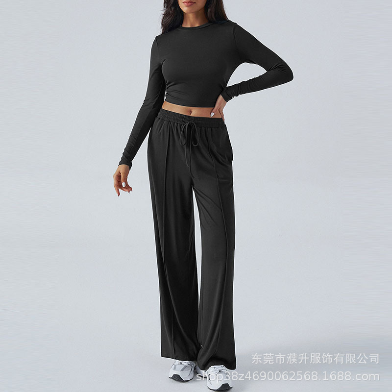 Y2K Long-Sleeve Wide-Leg Pant Set Casual Two-Piece Outfit