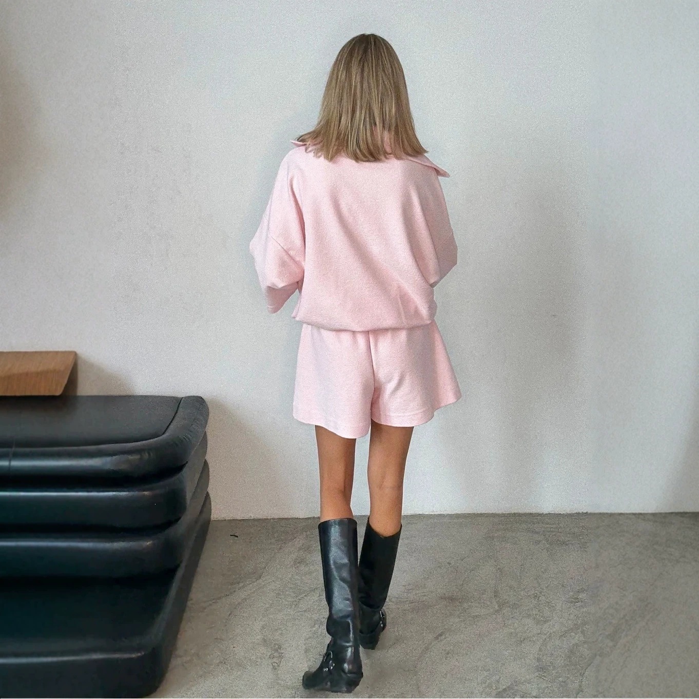 Women's Solid Half-Zip Collared 3/4 Sleeve Hoodie & High-Waist Wide-Leg Shorts Set