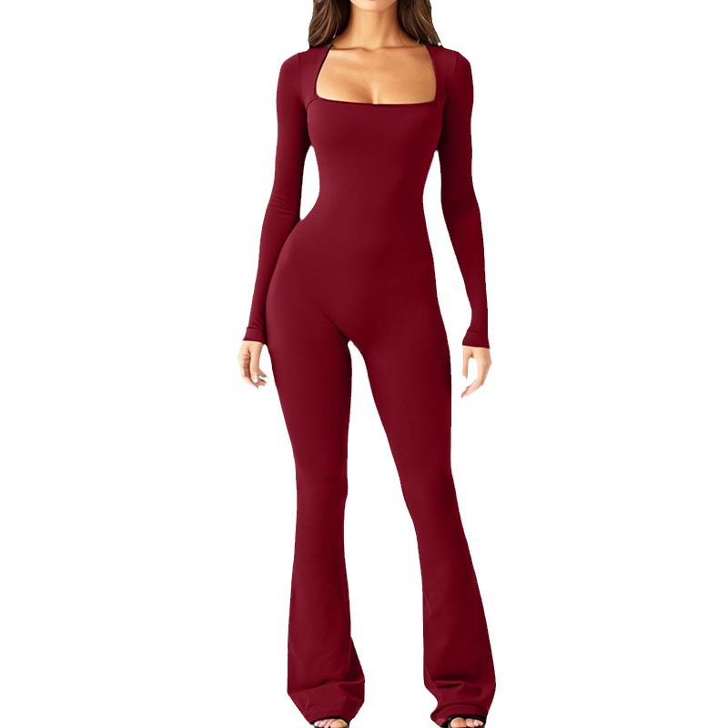 Women's Long Sleeve Square Neck Wide Leg Jumpsuit with Tummy Control and Butt Lifting
