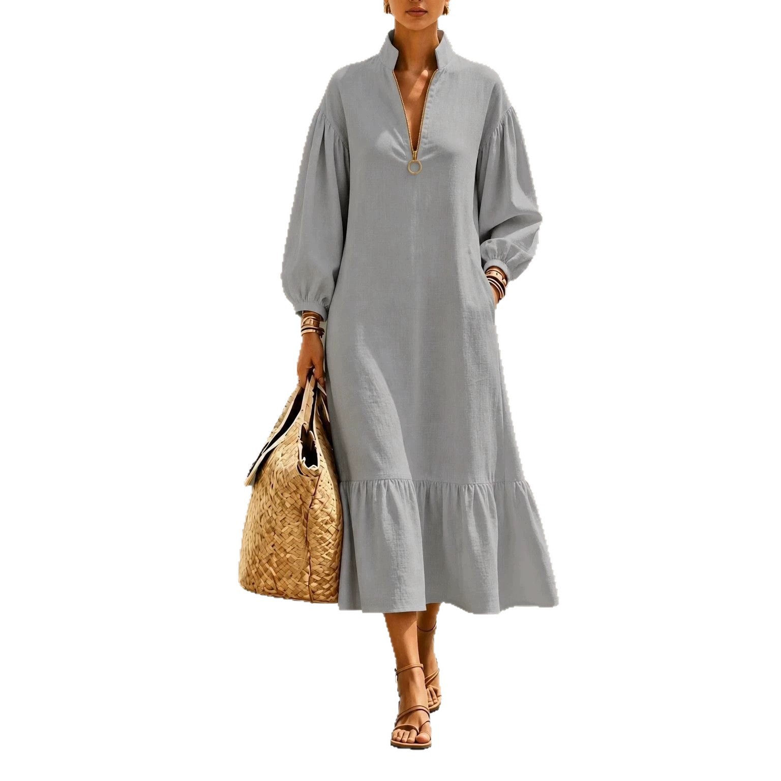 Solid Stand Collar O-Ring Zip Lantern Sleeve Dress with Pockets