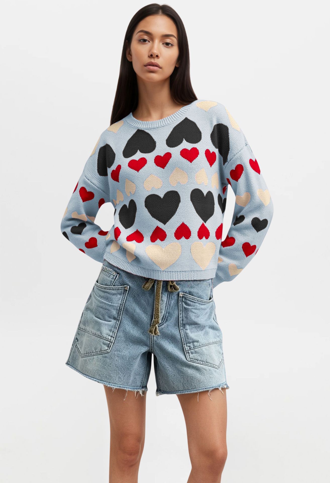 Women's Heart Pullover Sweater Long Sleeve Crew Neck Colorblock