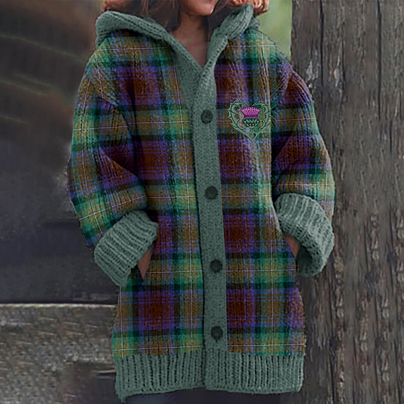 Women's Boho Print Hooded Button Cardigan Sweater