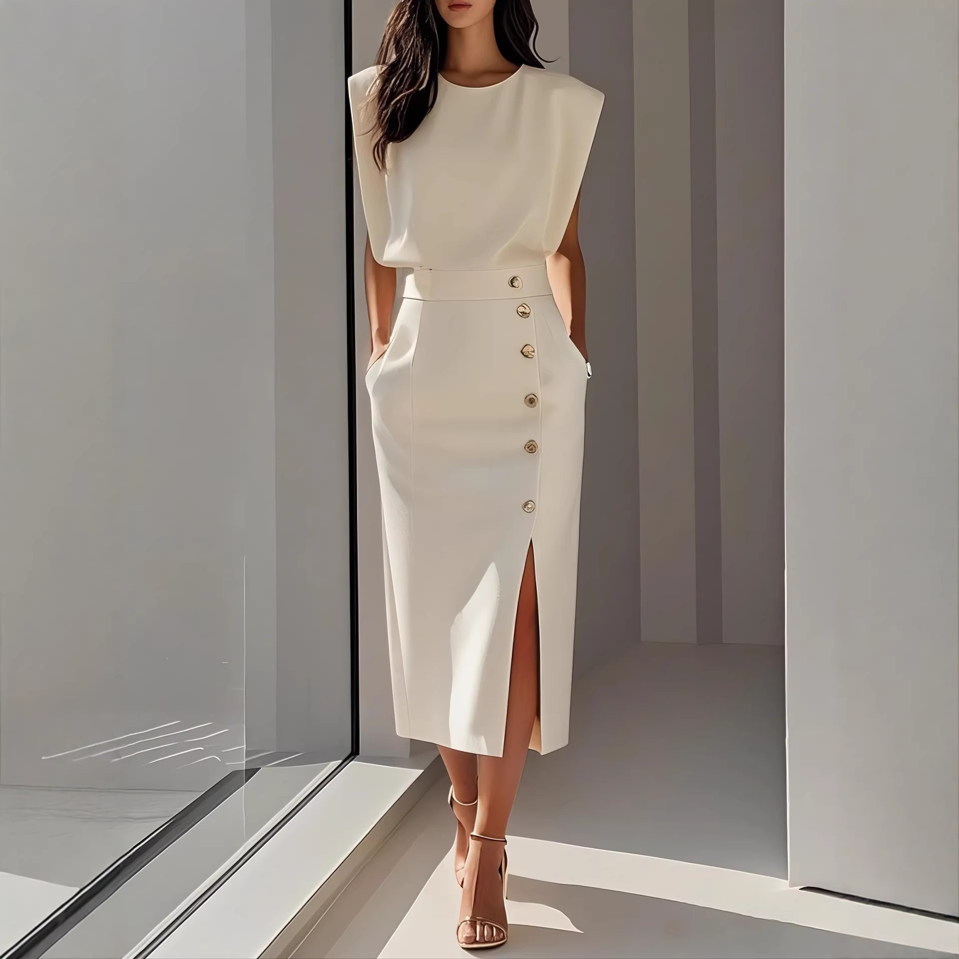 Women's Round Neck Cinched Waist Slit Metal Button Midi Dress
