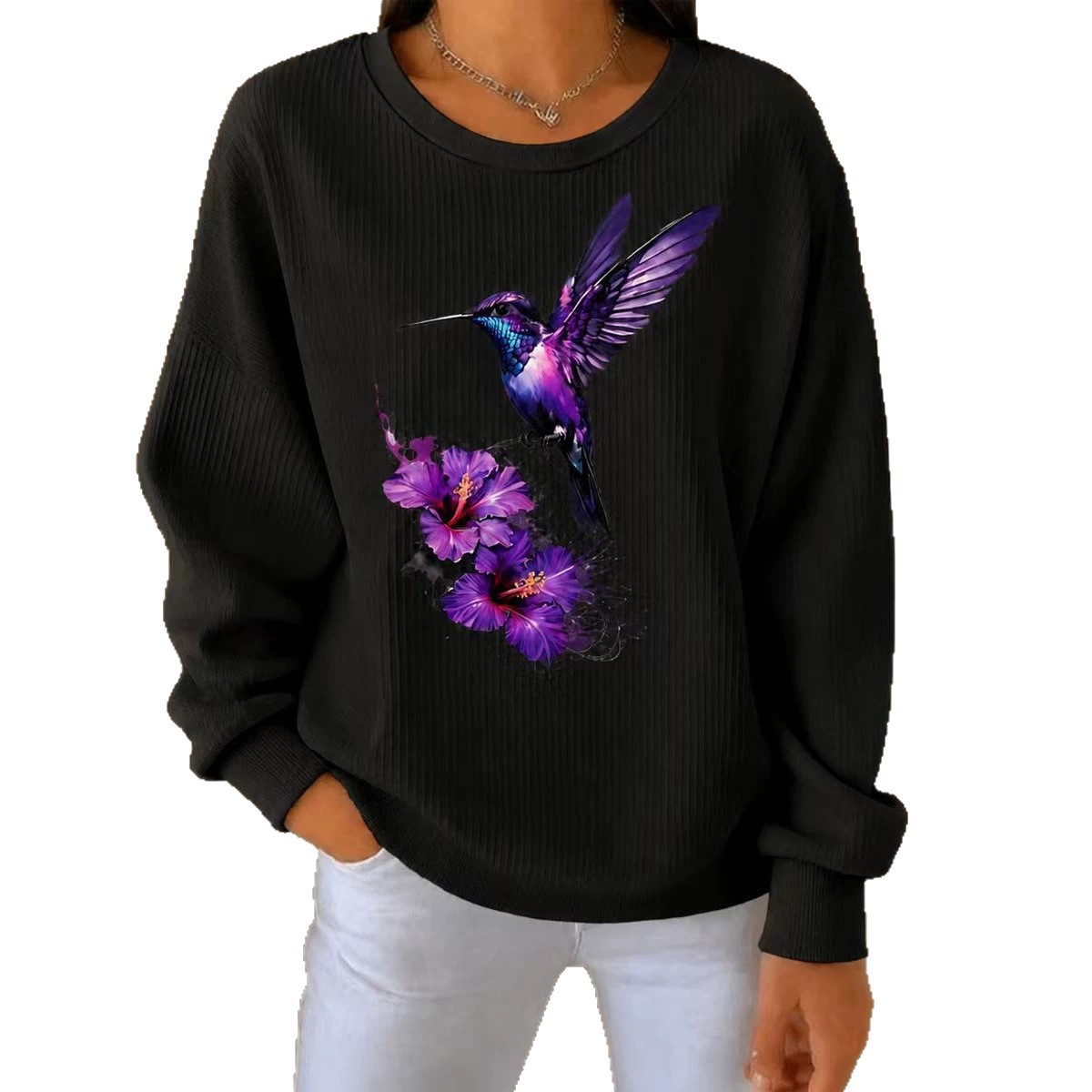 Purple Hummingbird Floral Print Crewneck Long-Sleeve Pullover Sweatshirt