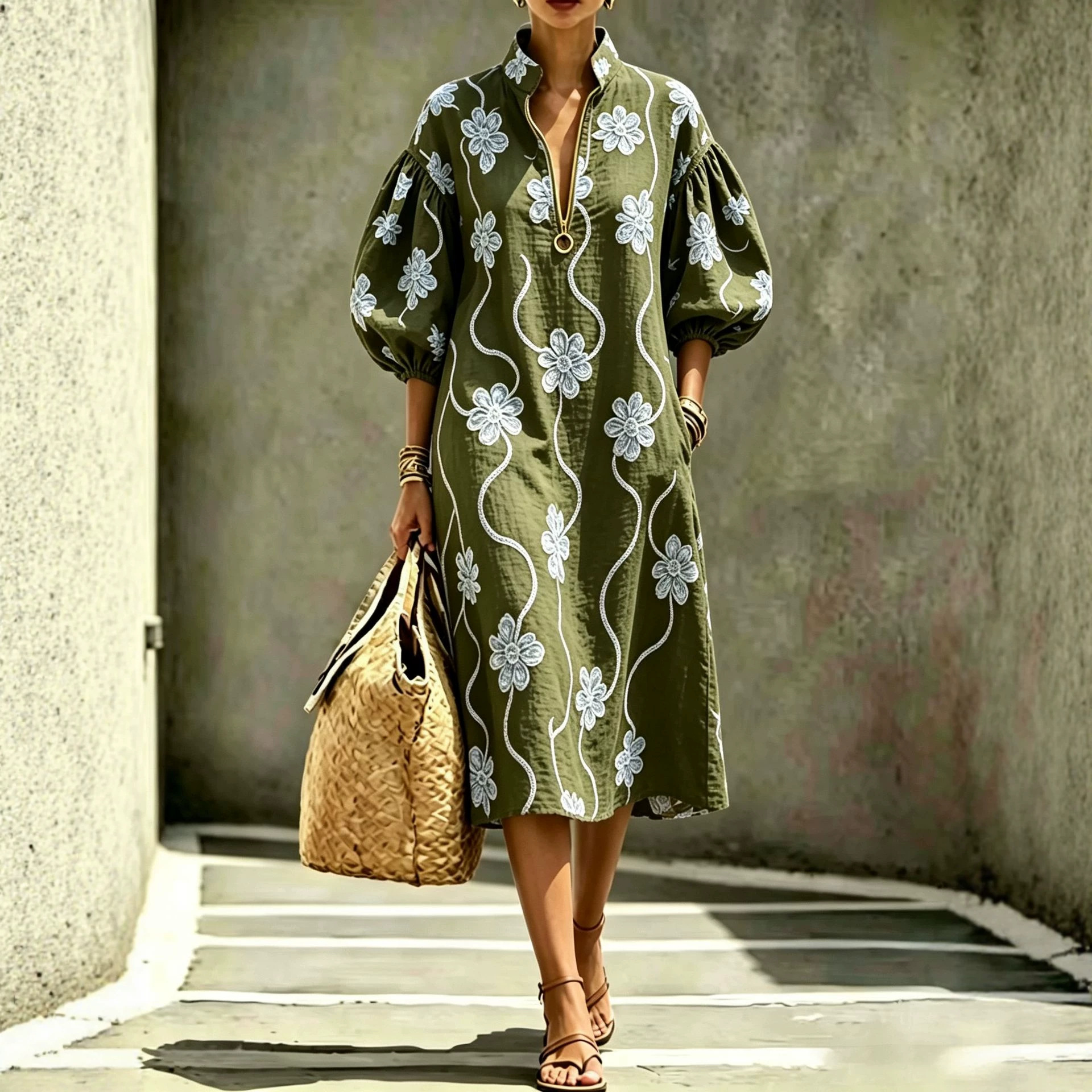 Women's Casual Loose Stand Collar Puff Sleeve Half-Zip Dress