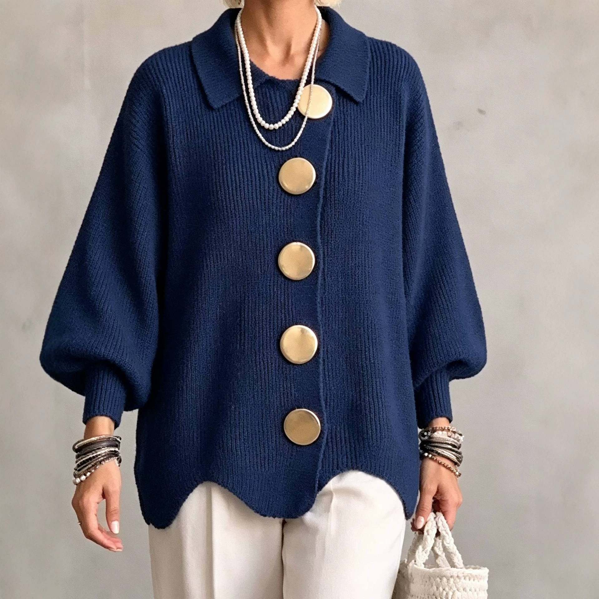 Oversized Knit Cardigan with Lapel Collar and Large Metal Buttons