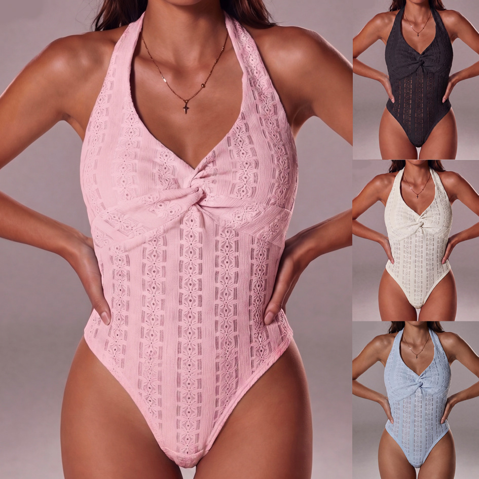 Halter V-Neck Twist Cutout Open-Back Bodysuit