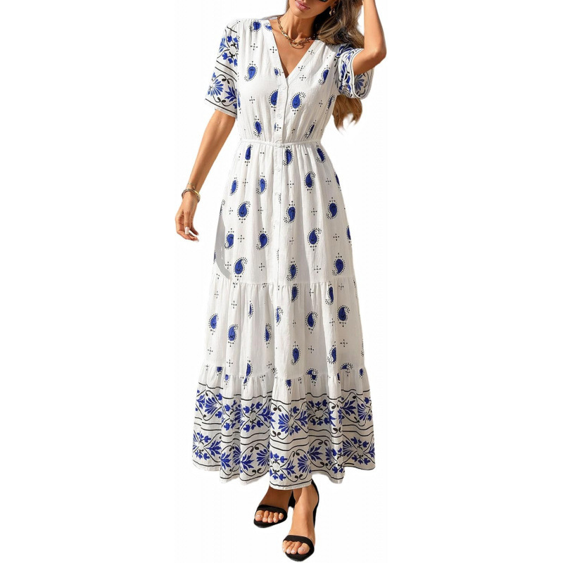 Bohemian V-Neck Short Sleeve Midi Dress Floral Print