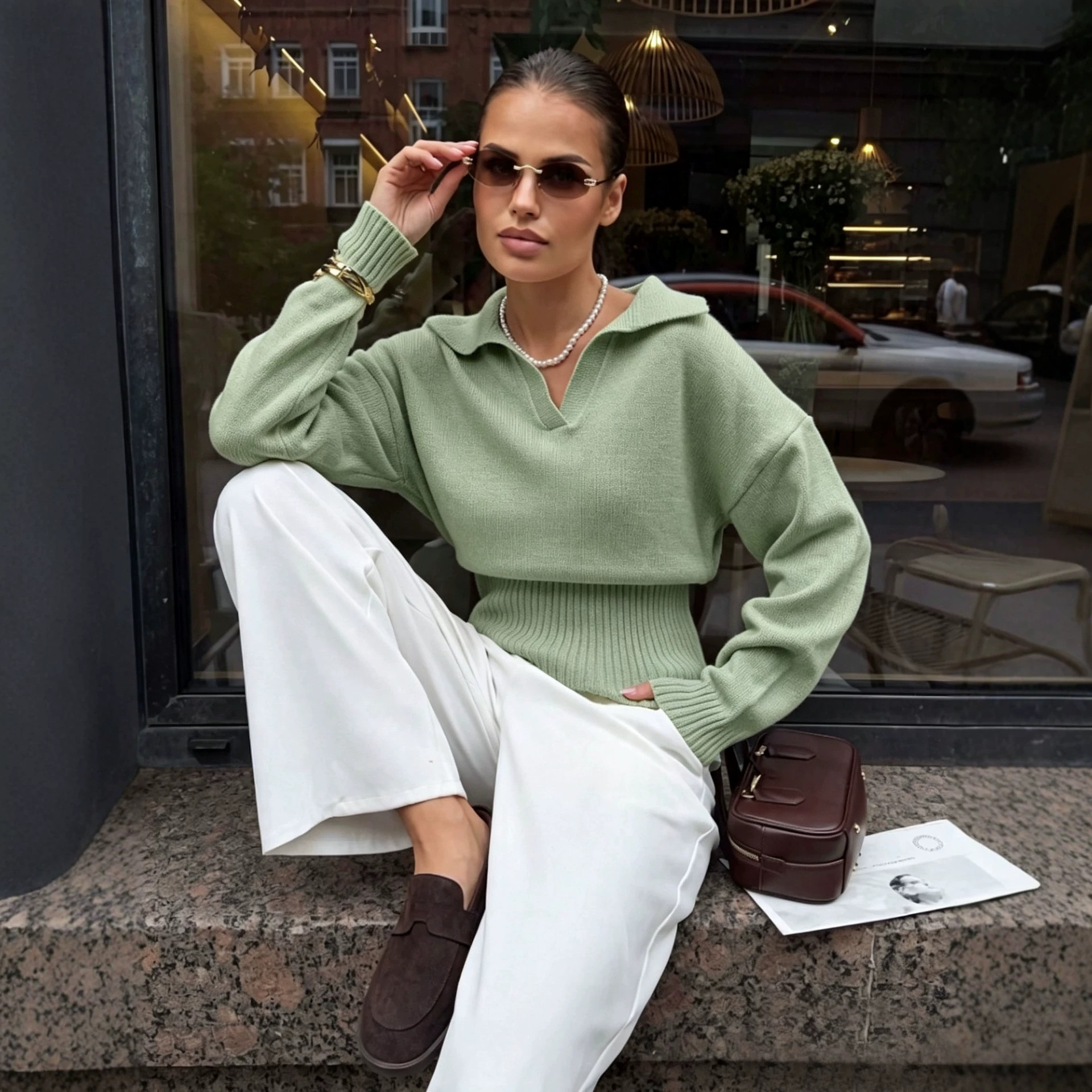 Women's V-Neck Fitted Waist Loose Long Sleeve Pullover Top