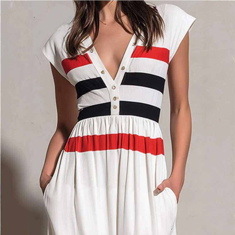 Retro Colorblock White Wide-Shoulder Long Dress