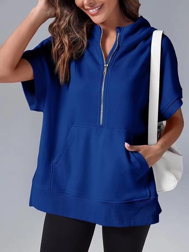 Solid Color Casual Short Sleeve Hooded Sweatshirt