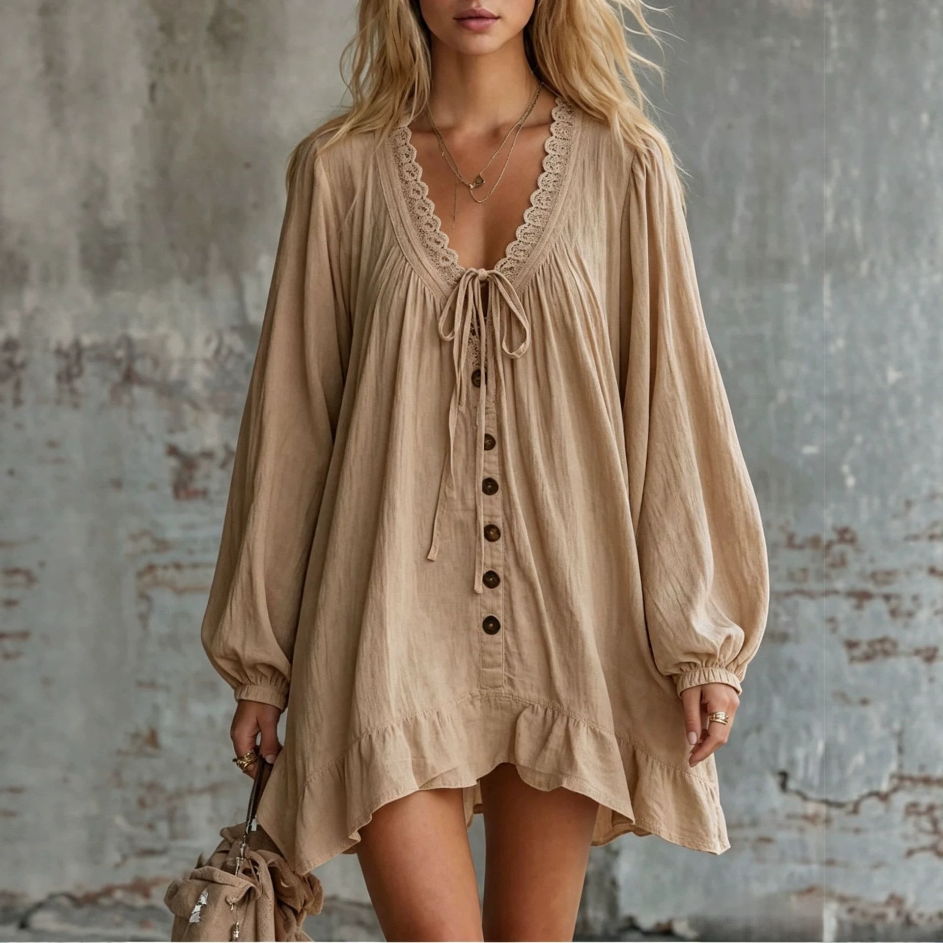Women's Lace Trim V-Neck Tie Lantern Sleeve Loose Long Sleeve Dress