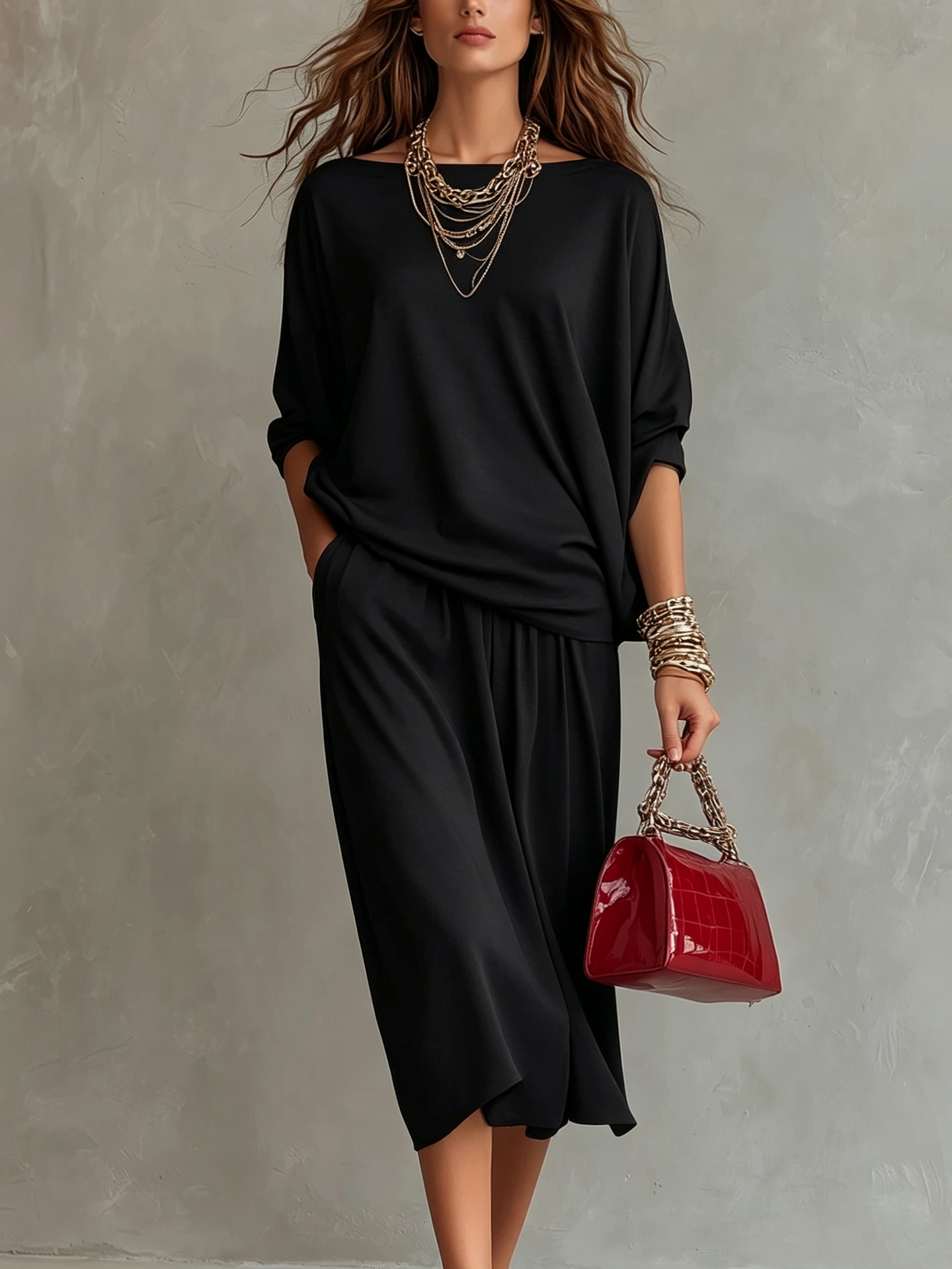 Off-Shoulder Knit Top & Midi Skirt Set Casual Loungewear