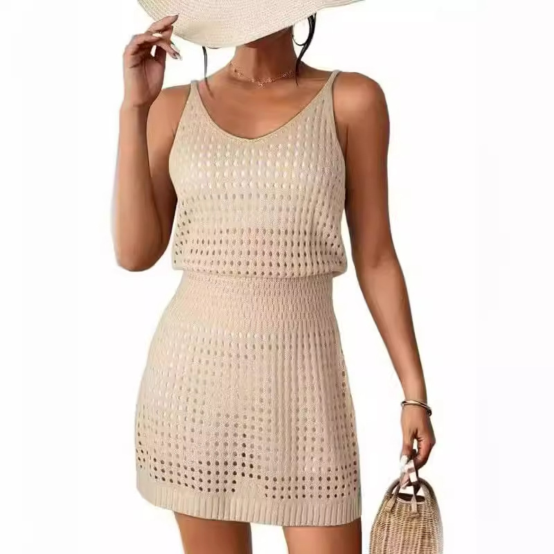 Sexy Knit Cami Dress with Waist-Cinching and Cutout Detail, White Beach Dress