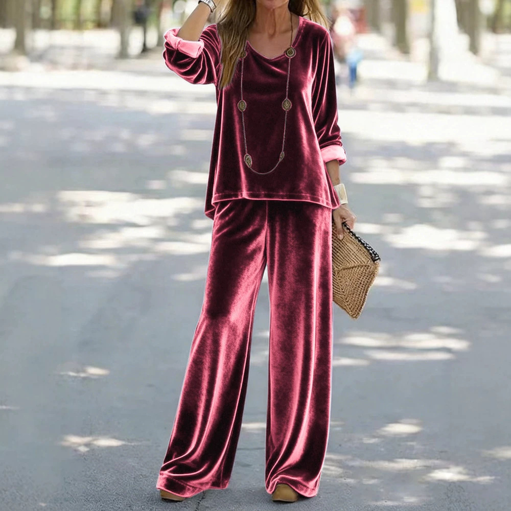 Women's Velvet V-Neck Long Sleeve Top and Pants Set Casual Multi-Color